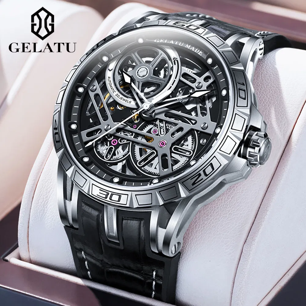 OEM ODM Stock Gelatu 6015 Custom Logo Skeleton Luxury Tourbillon Waterproof Mechanical Watch