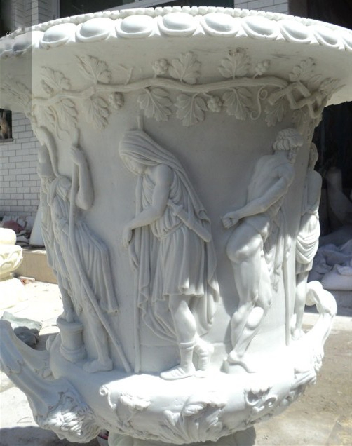 Factory Direct Outdoor Hand Carved Decor Marble Flower Pot with Figure Natural Stone Pot for Garden Planter (SYFP-016)
