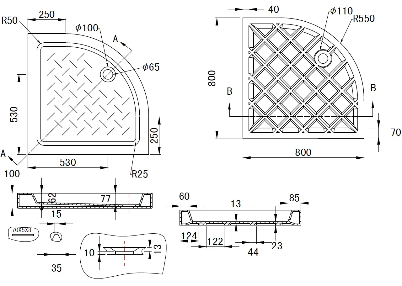 Ocst-800800150f White Sector Ceramic Shower Tray in Size 800X800X150mm