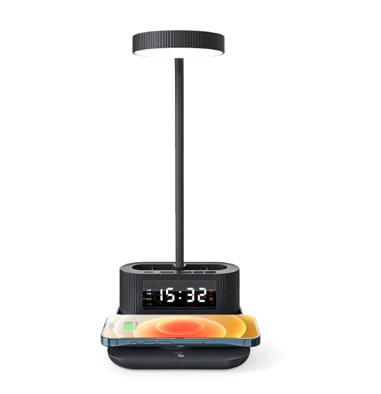 Multifunctional 15W Wireless Charger Desktop Digital Alarm Clock Dual Ports Wireless Fast Charging Table Lamp with Pen Holder