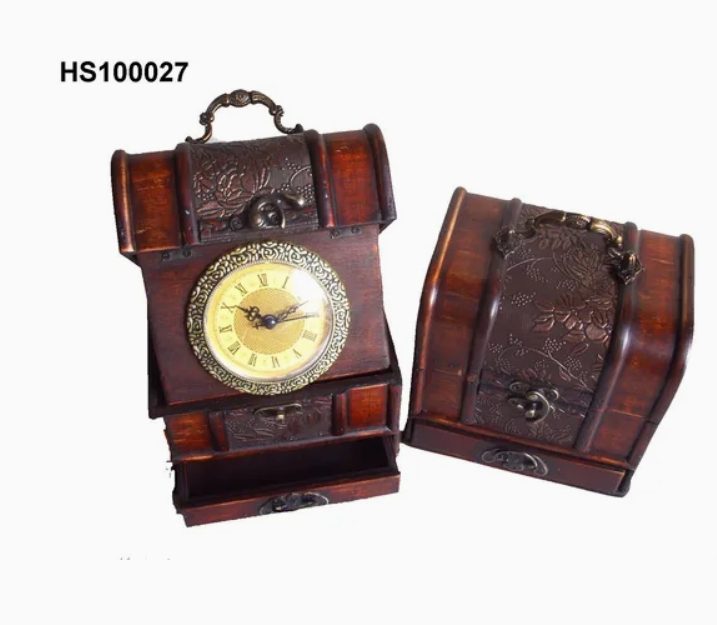 Antique Tabletop Clock & Jewelry Organizer Box Craft Clock with Drawer (HS100026) Vintage Wooden Decorative Clock with Storage Compartment