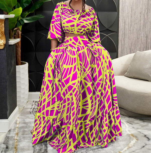 Комплект женский весенний больших размеров платье с принтом и костюм