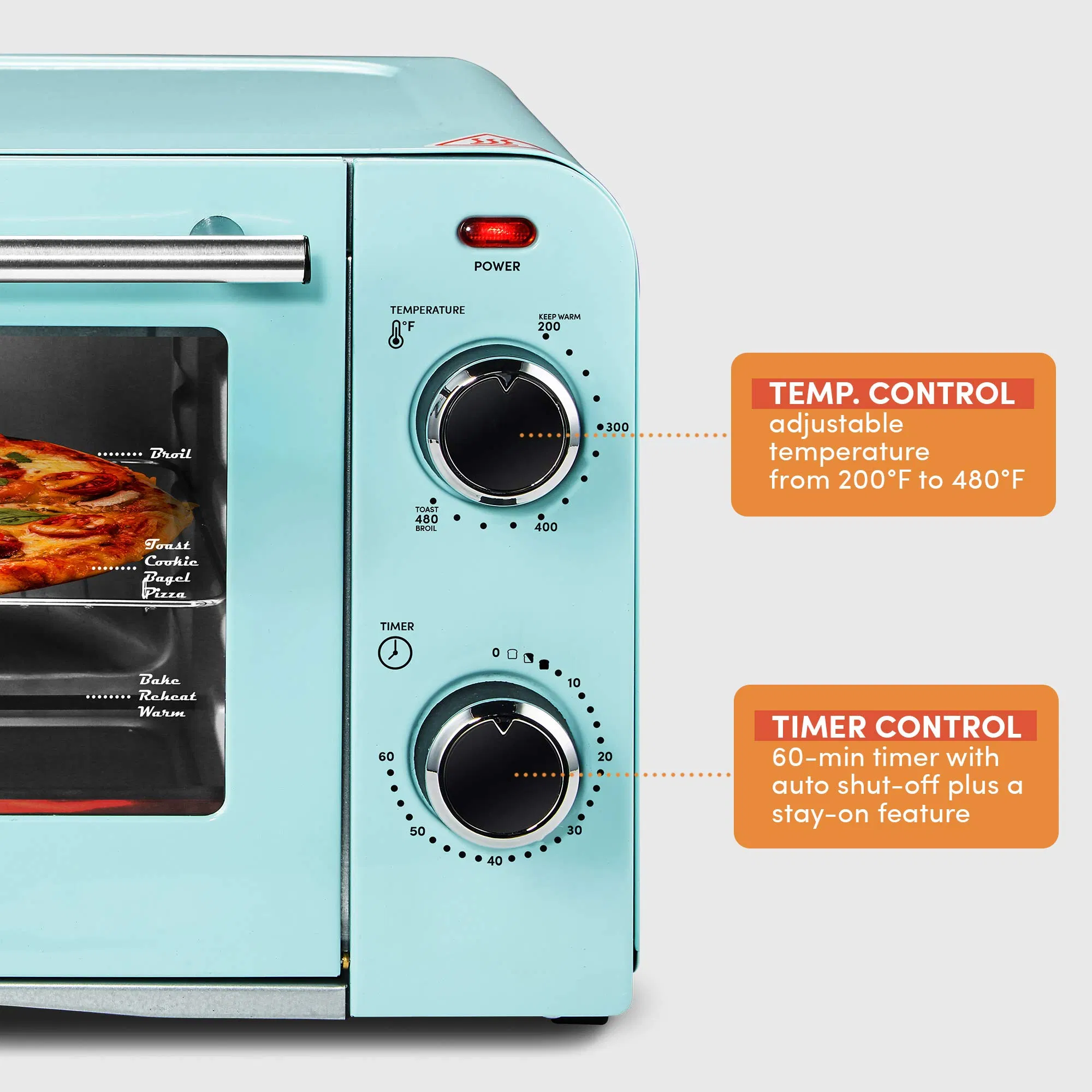 Bake Toast Pizza Temperature Control Timer 1000W Diner Retro Countertop Toaster Oven