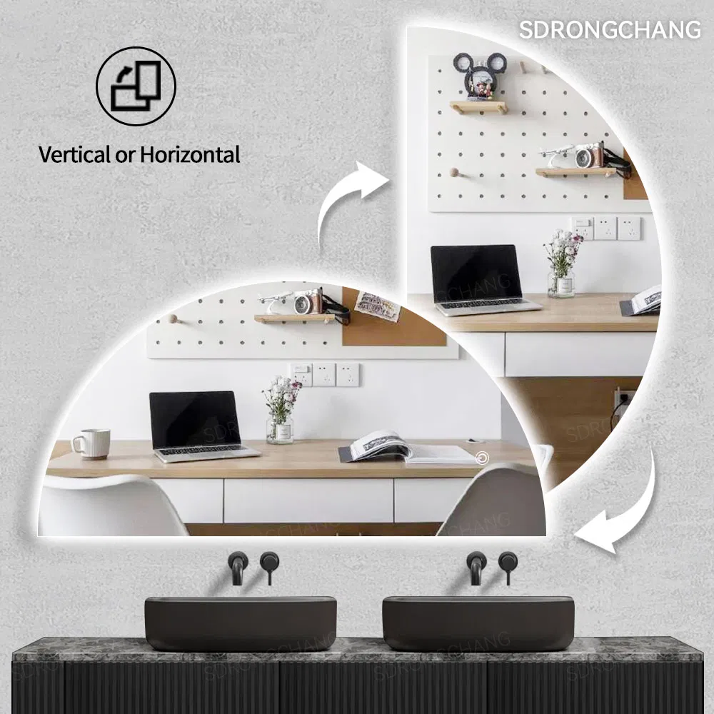 Frameless Irregular Defogger Dimming Light Wall Mounted Half Moon Smart Bathroom Mirror