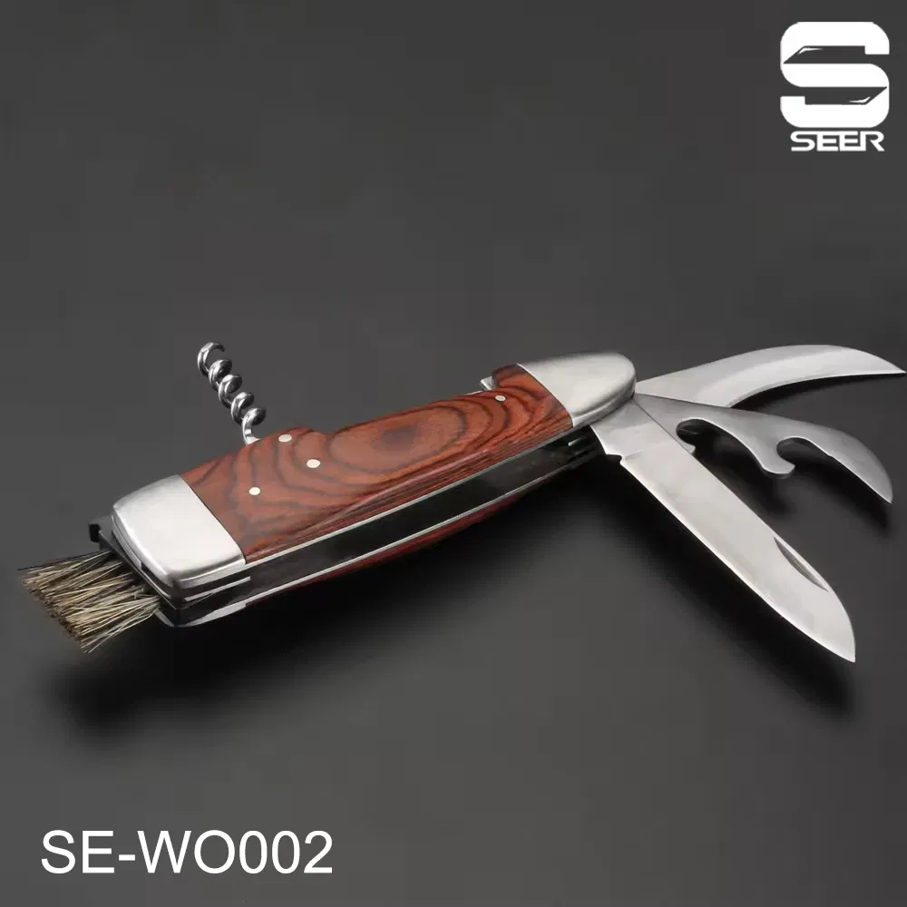 Stainless Steel Multi Function Wine Corkscrew Pocket Folding Opener BBQ Brush Knife with Laguiole Pakka Handle Mushroom Knife