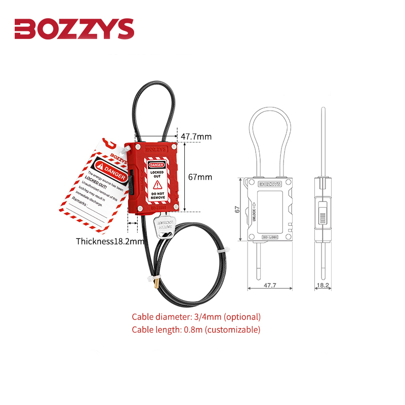 Bozzys Adjustable Lockout Safety Cable Padlock with 0.8m Plastic-Coated Stainless Steel Cable
