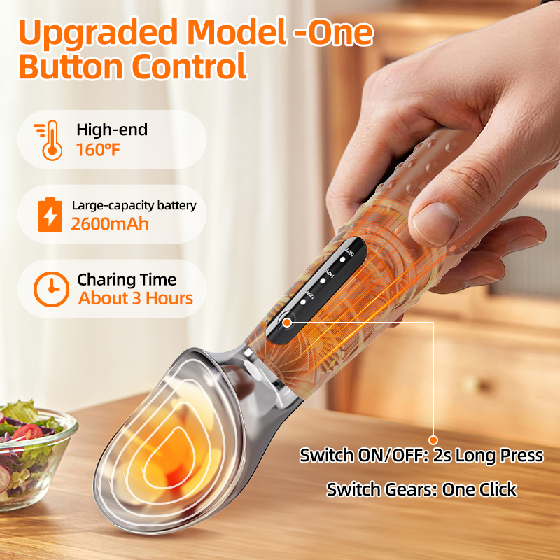 Ice Cream Scoop Warming Icecream Scooper with 3-Level Adjustable Heats - 120/140/160℉, LED Display, 2600mAh Capacity, Rechargeable