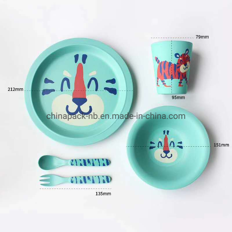 4 Piece Kids Bamboo Eating Dinner Set Plate Bowl & Cutlery Natural Eco-Friendly