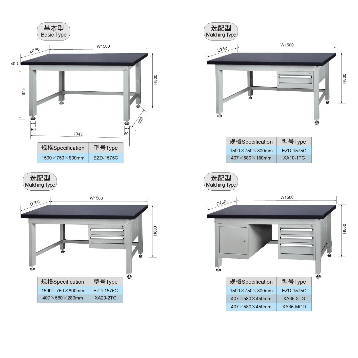 1.5 Meter Metal Garage Workbench with Tool Cabinet