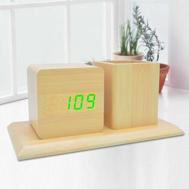 Creative Desktop Office Electronic Pen Holder Clock LED Silent Voice-Controlled Wooden Electronic Alarm Clock