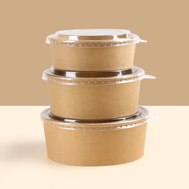 Biodegradable Hot Sale Disposable Kraft Paper Packaging Box Round Paper Bowl Thickened Takeaway Fast Food Box Fruit Salad Bowl Picnic Bowl with Transparent Lid