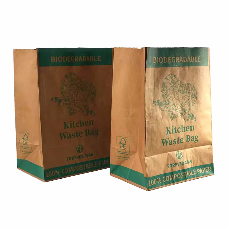 Waterproof Oil-Proof Food Waste Bag 100% Biodegradable Brown Kraft Paper PLA Film Kitchen Bags for Kitchen