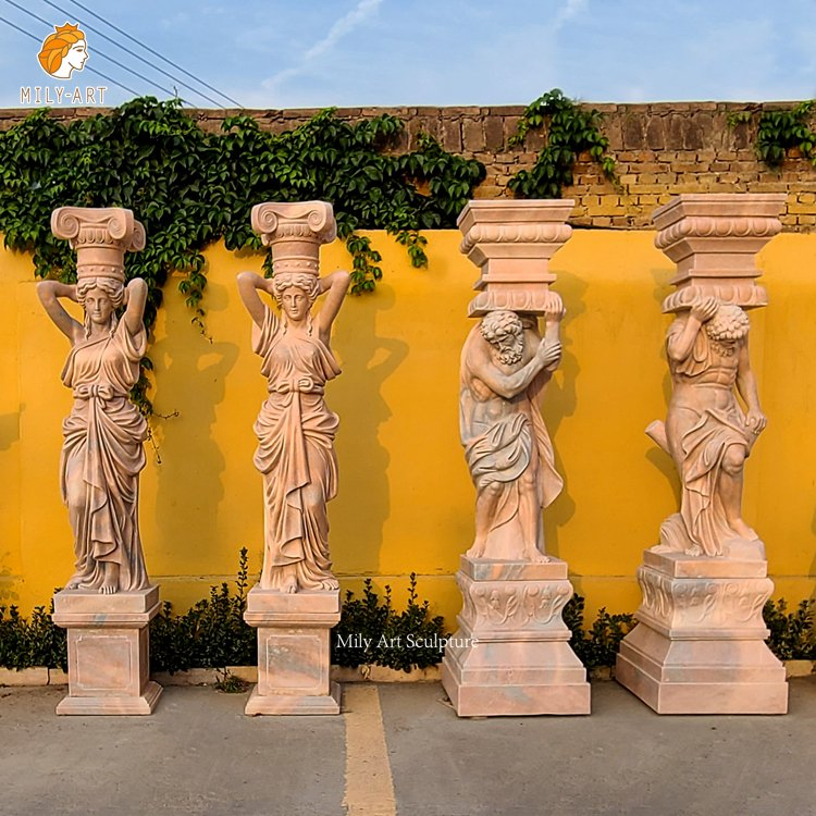 Outdoor Building Large Roman Marble Woman Column Pillar Statue