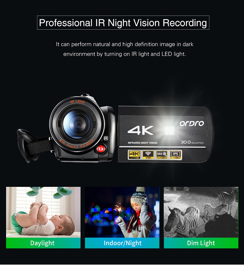 Ordro AC3 Camcorder 4K Video Digital Camera WiFi Connection 30fps 60fps Vlog Camera IR Night Vision 3.0-Inch IPS Screen Camcorder with Microphone and Lens Hood