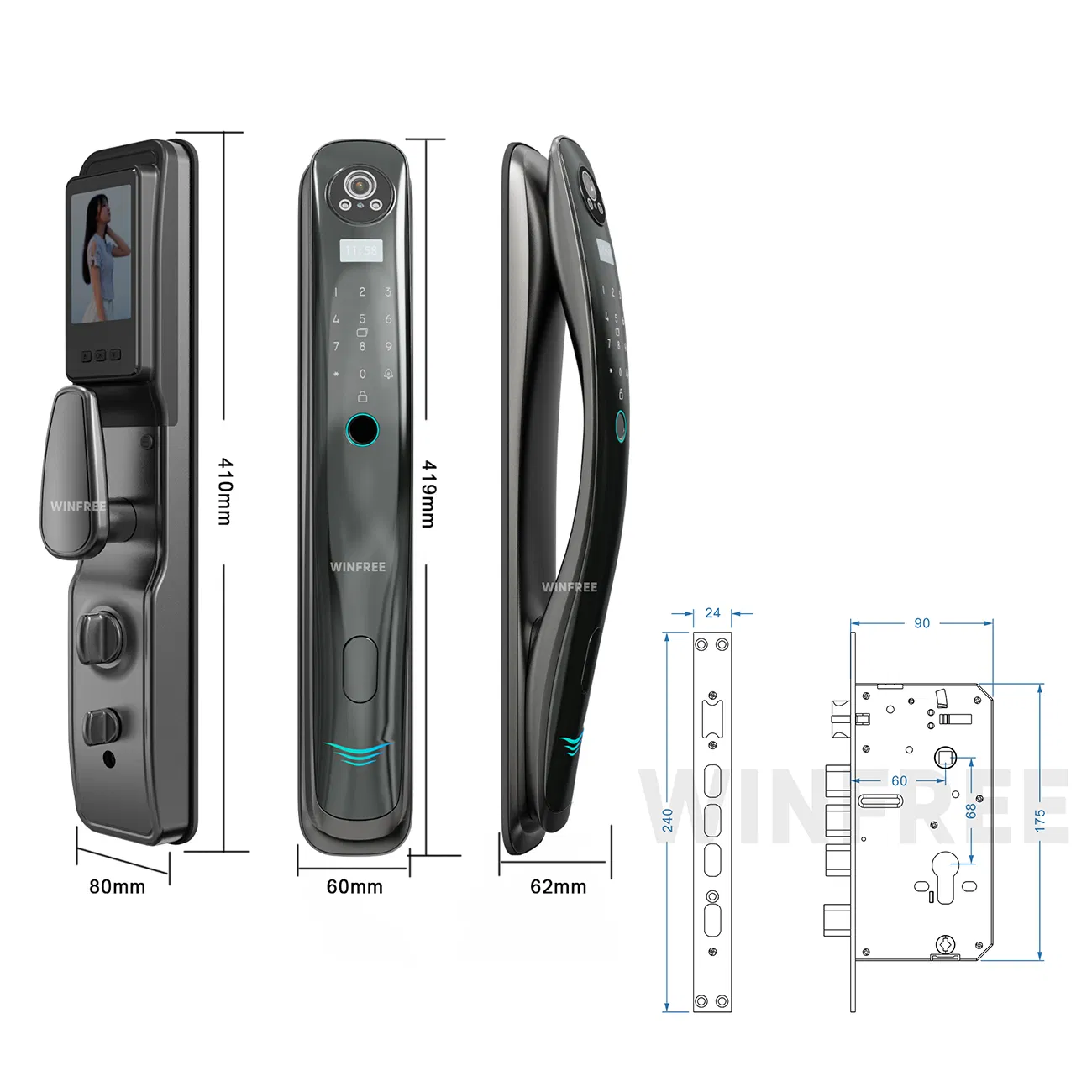 Tuya WiFi Code Card Fingerprint Face Access Smart Door Lock with Camera