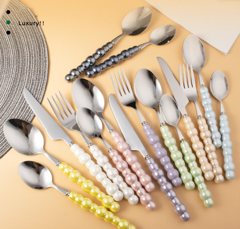 New Stainless Steel Cutlery Set Knife Fork Spoon Pearl Ceramic Handle Flatware Set
