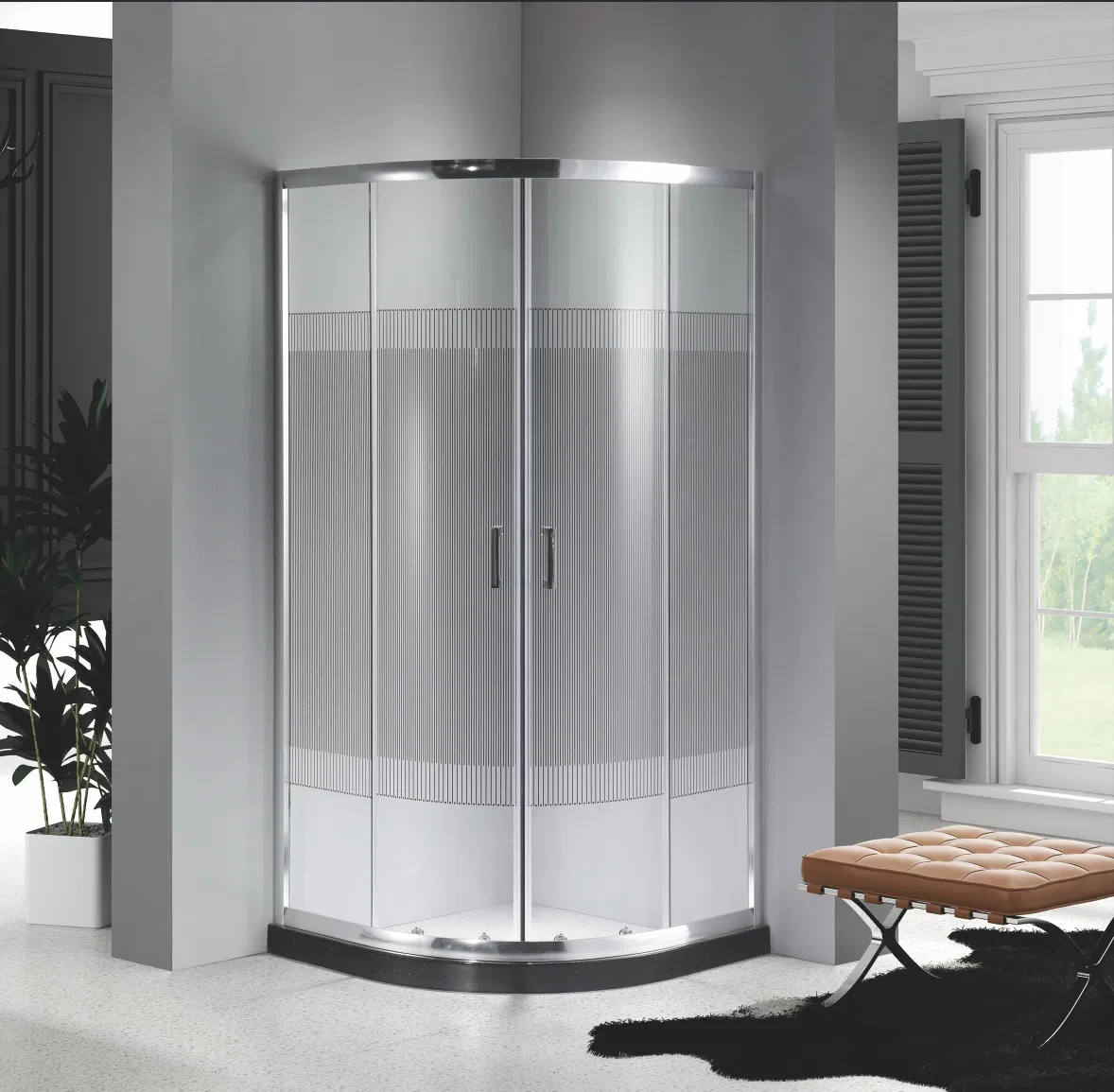 Tempered Glass Frame Black Shower Cabin with Mosaic Pattern Door