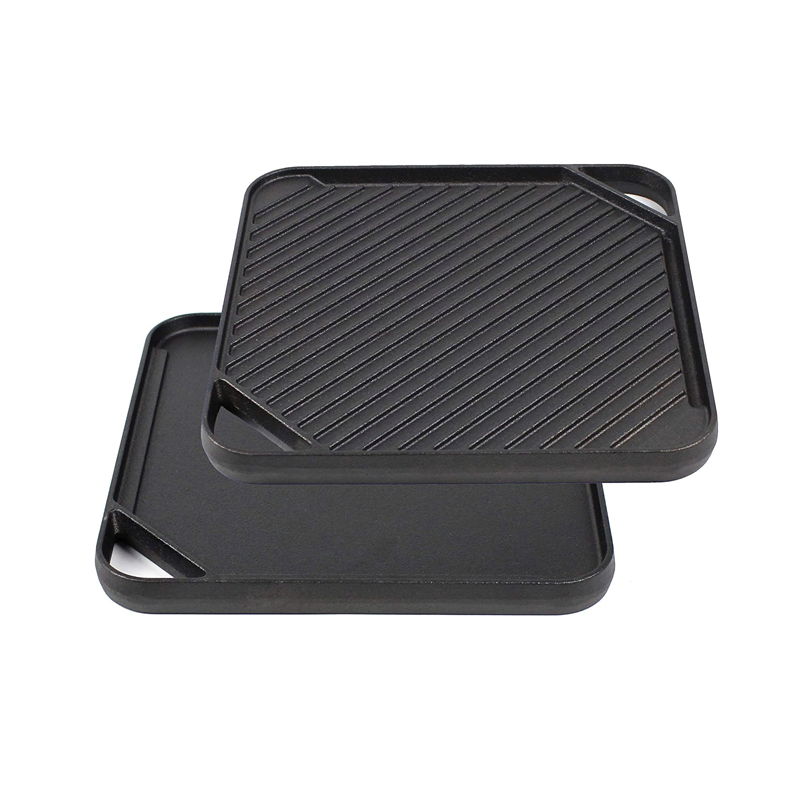 Square Cast Iron Reversible Grill Griddle Plate with Dual Handles for Frying Bacon Eggs Burgers Kebabs Cookware Black