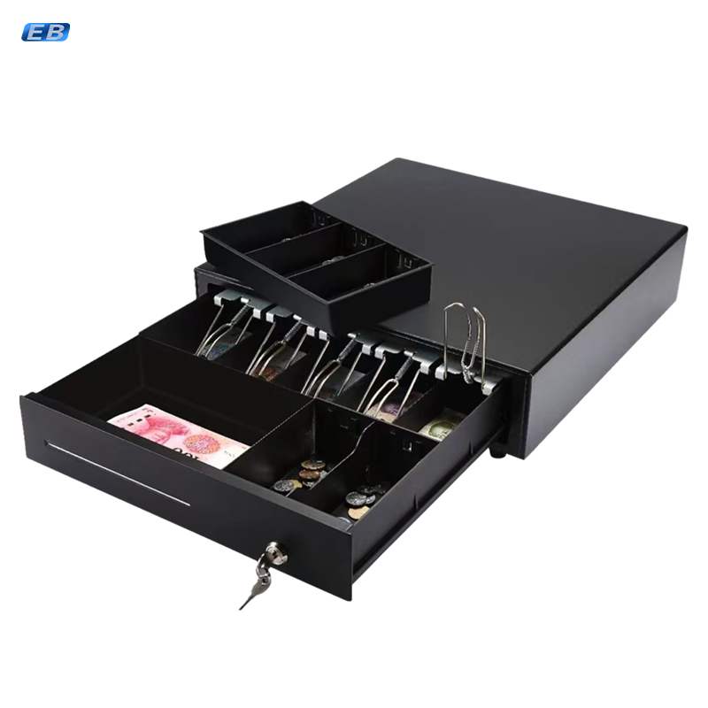 CB-405 Cash Drawer Available in black/white Fixed bill divider removable coin tray Fast open with heavy-duty ball bearing rollers 9-24V compatible