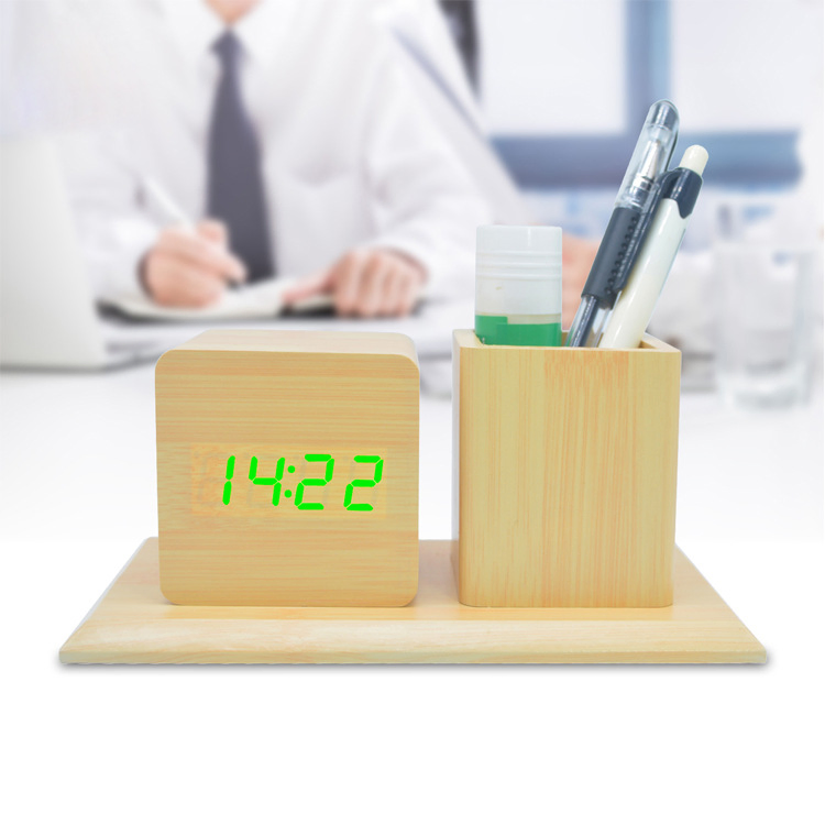 Creative Desktop Office Electronic Pen Holder Clock LED Silent Voice-Controlled Wooden Electronic Alarm Clock