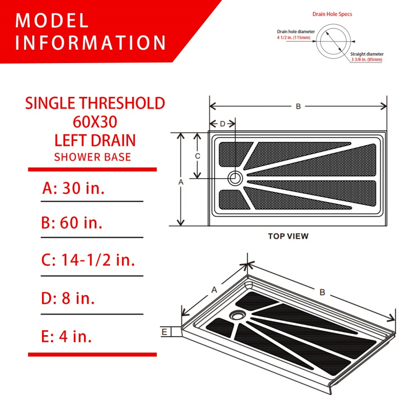 Left Drain Hole Rectangle White Acrylic Shower Base for Bathroom