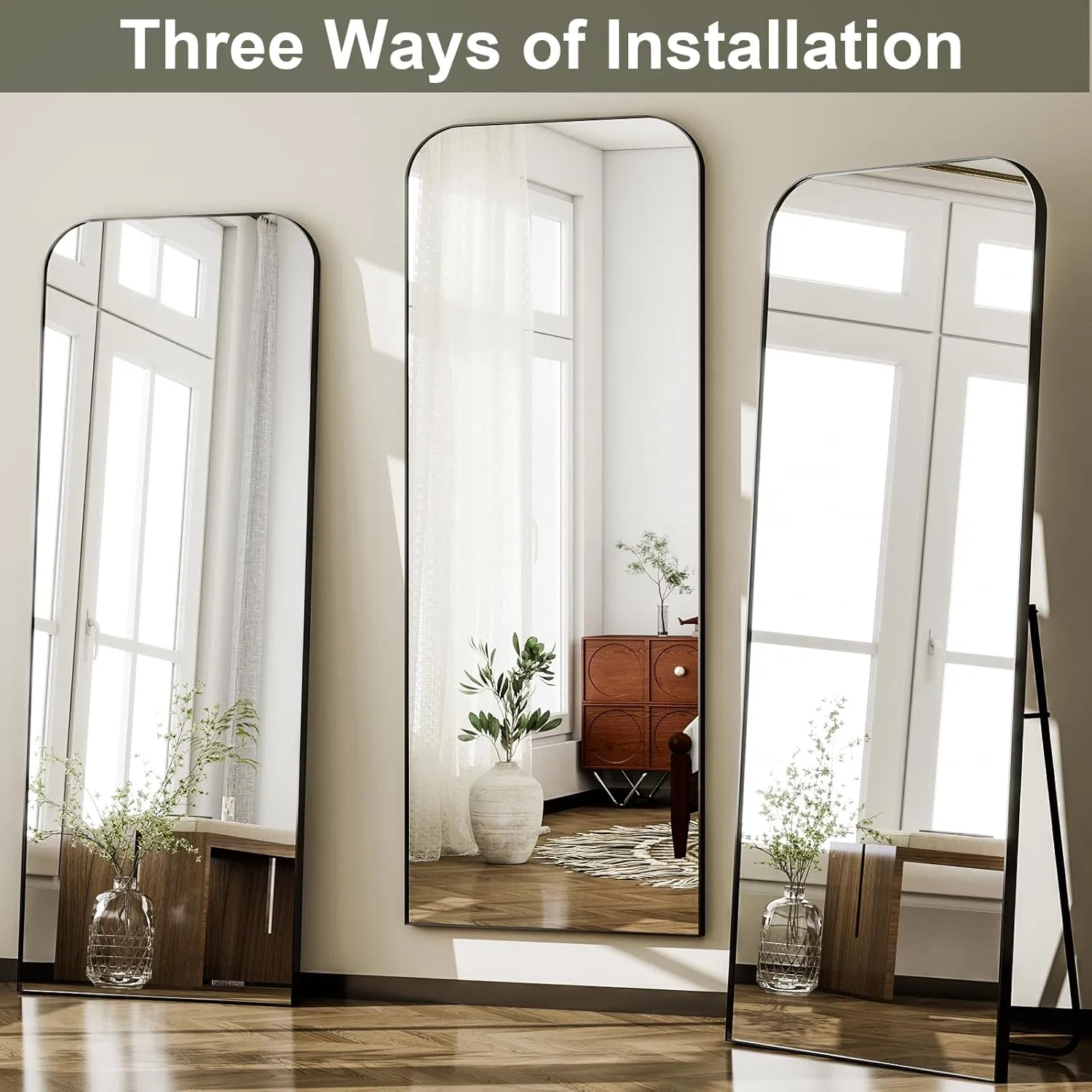 120*60 Cm Full Body Mirror Top Rounded Corner Aluminum Frame Full Length Mirror Hanging or Leaning Wall Floor Mirror with Stand for Cloakroom, Bedroom