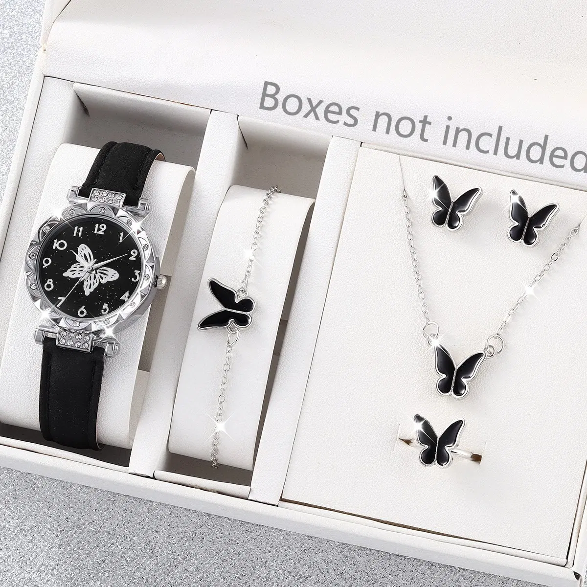 Luxury Rhinestone Leather Black Watch Butterfly Women's Set