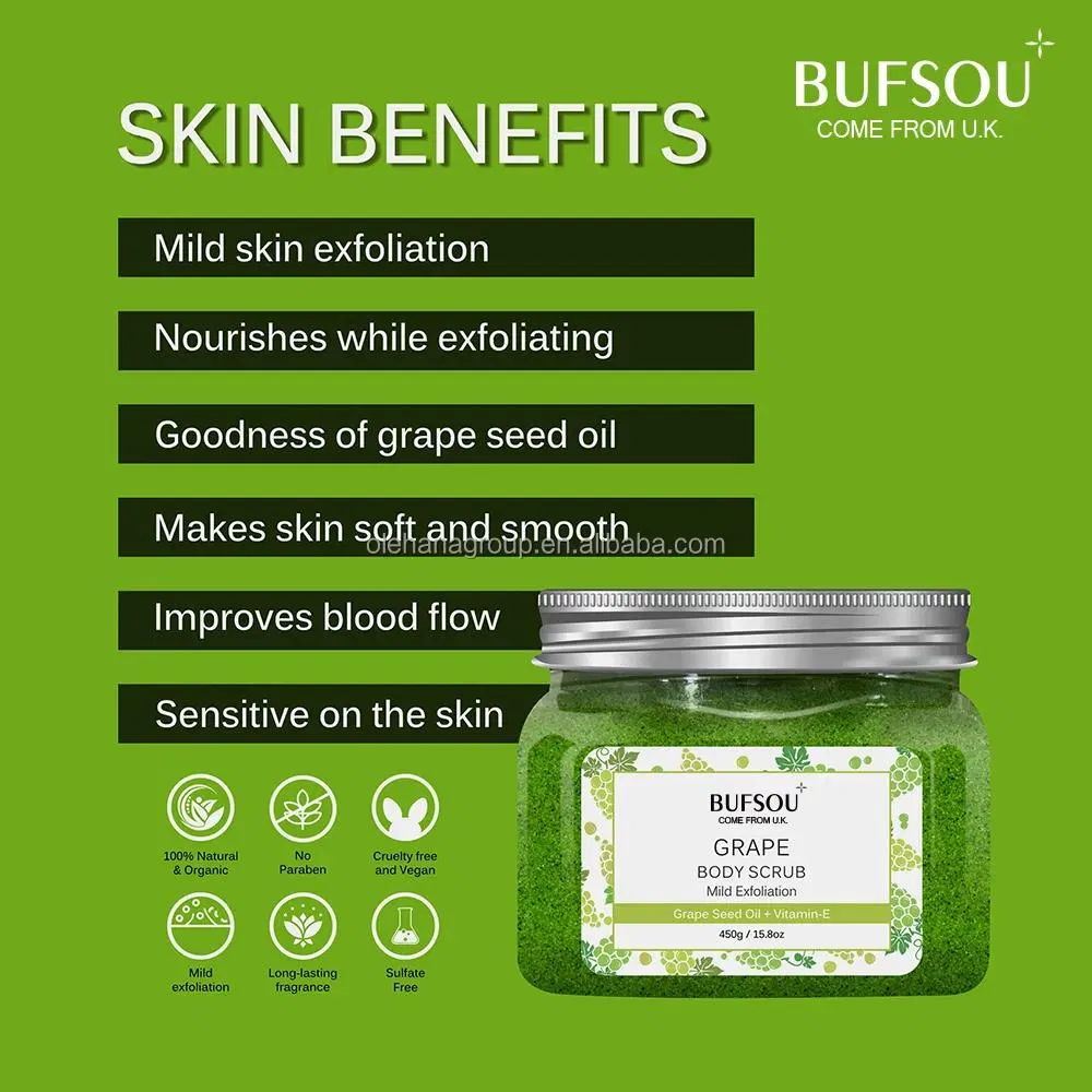 Wholesale Vitamins Minerals Natural Grape Seed Oil Fruit Soothing After-Sun Repair Brighten Glowing Body Scrub Exfoliating
