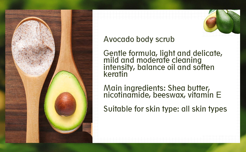 Avocado Scrub Exfoliates, Repairs Scars, and Removes Cutin for Smooth Skin.