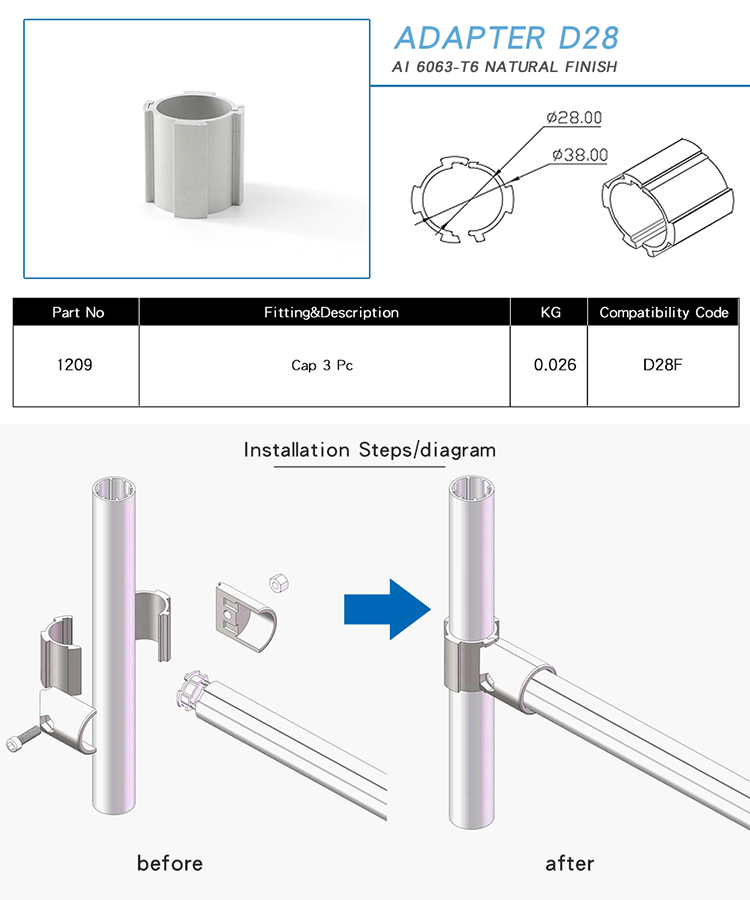 China Manufacturer RoHS OEM ODM1209 Adapter D28 Fasteners for Diameter 28mm Aluminum Profile Workbench Line