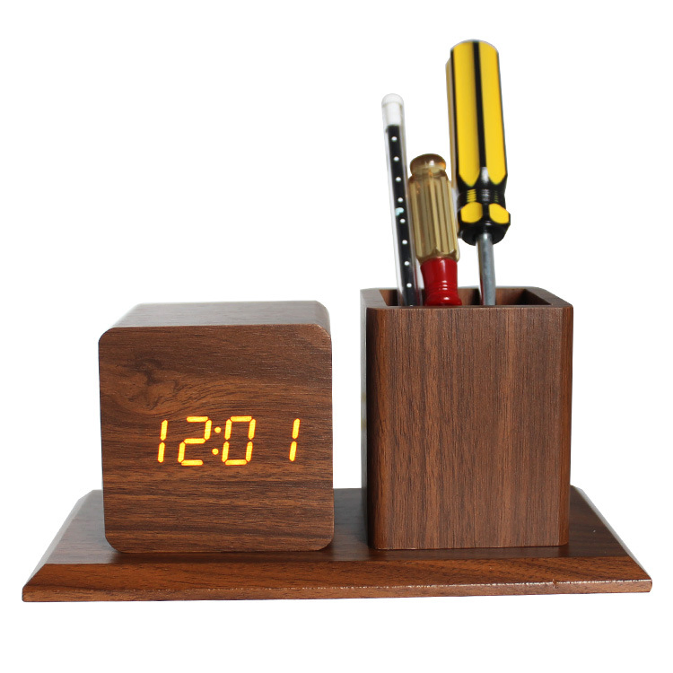 Creative Desktop Office Electronic Pen Holder Clock LED Silent Voice-Controlled Wooden Electronic Alarm Clock