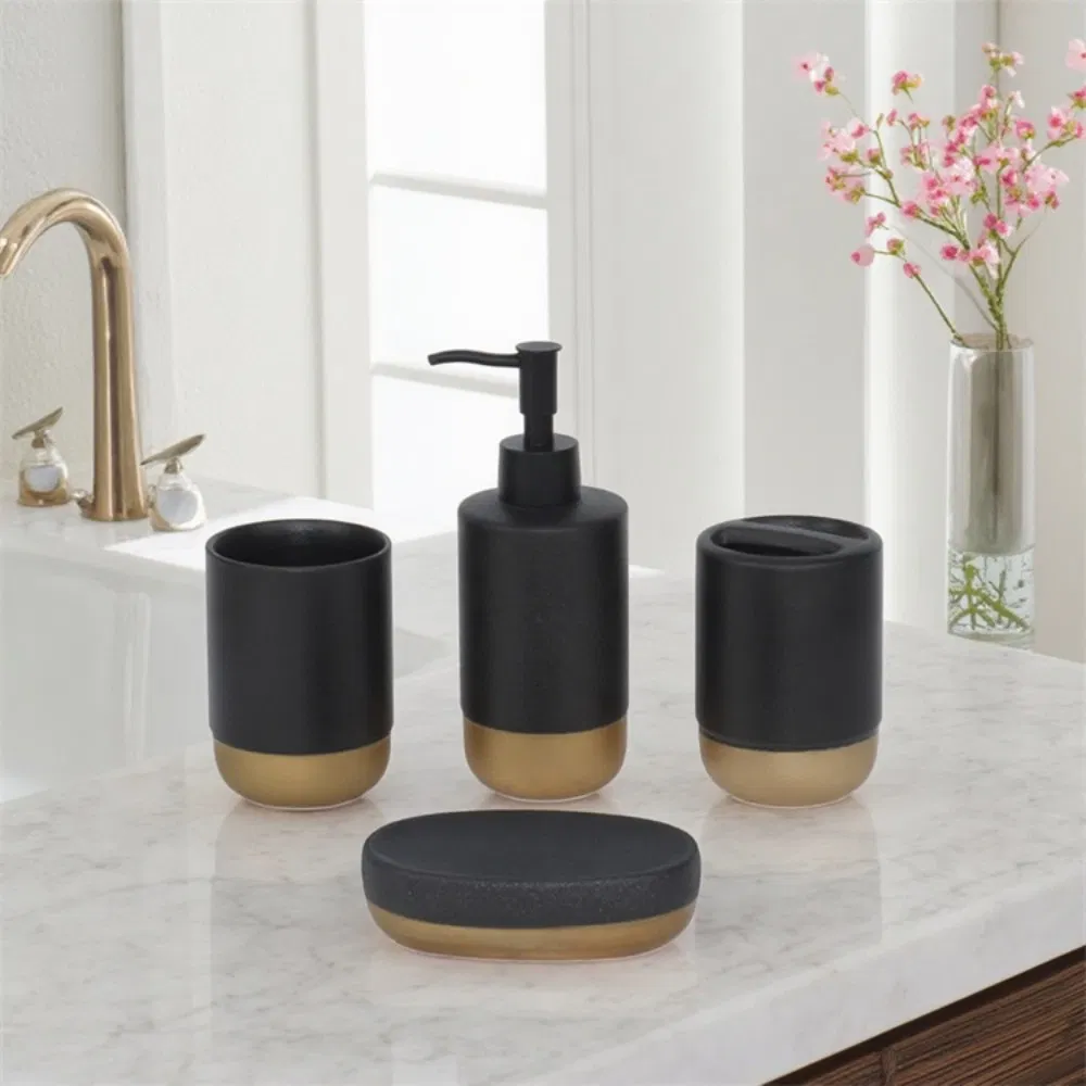Five Star Hotel Quality Stripe Design Resin Bathroom Accessories Ceramic Bath Set