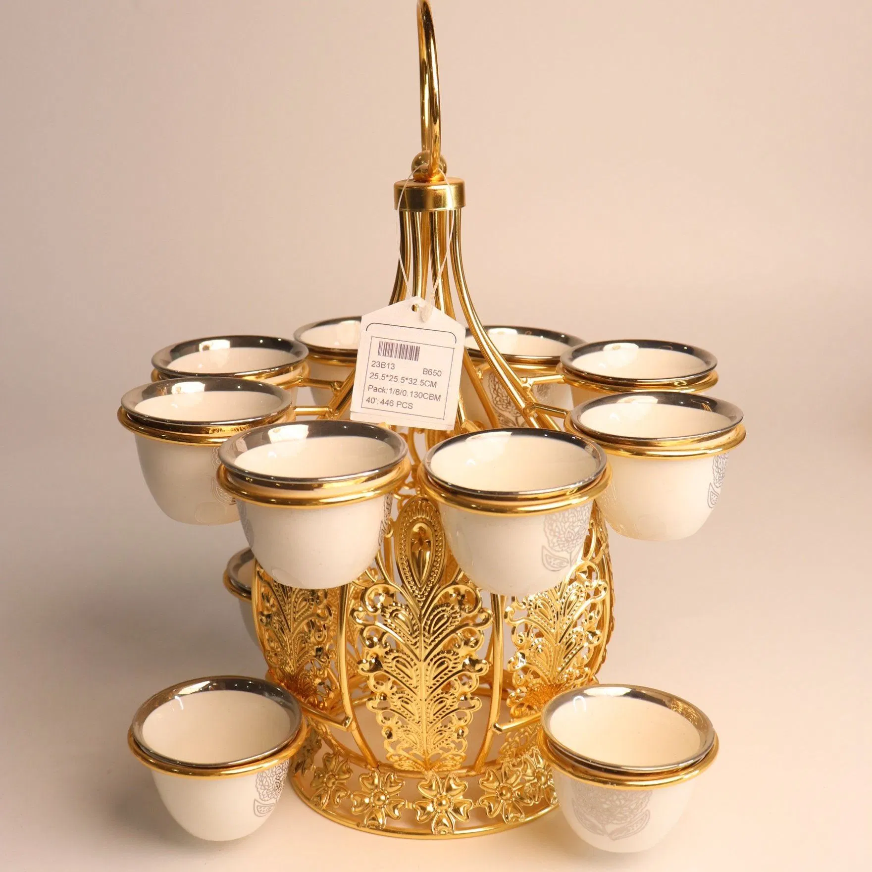 Decorative Gold-Plated Iron Frame with 12 Ceramic Tea Cup Ornaments Set