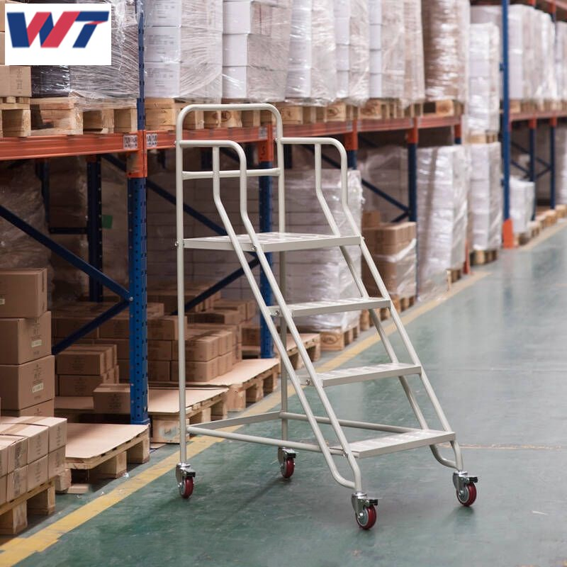 Warehouse Steel Safety Rolling Mobile Platform Ladder with Handrails
