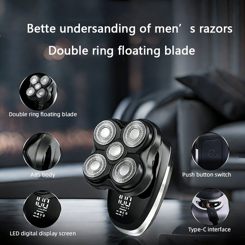 USB Rechargeable 5-Blade Electric Shaver Bald Head Hair Clipper with Digital Display