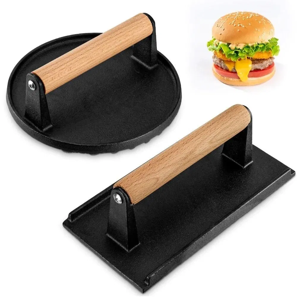 Cast Iron Grill Press Griddle Press with Cool-Touch Wood Handle Burger Press for Griddle