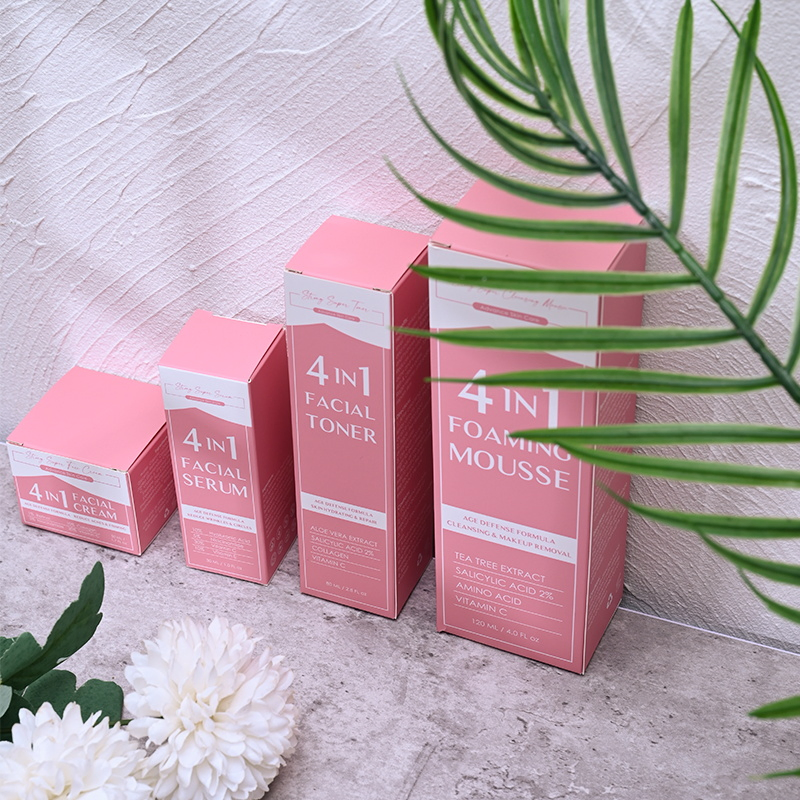 OEM Natural 4 in 1 Skin Care Set Vitamin C Serum Acne Cream Cleansing Face Mousse Skin Hydrating Toner Spray Facial Set