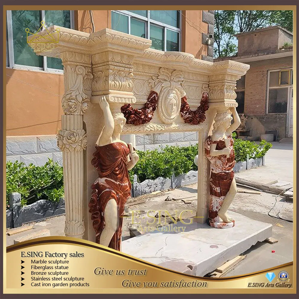 High-Quality Luxurious Character Sculptures Beige Marble Fireplace Mantle