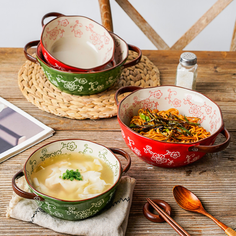 Hand Painted Ceramic Tableware Microwave Safe Ramen Soup Bowl with Double Ears