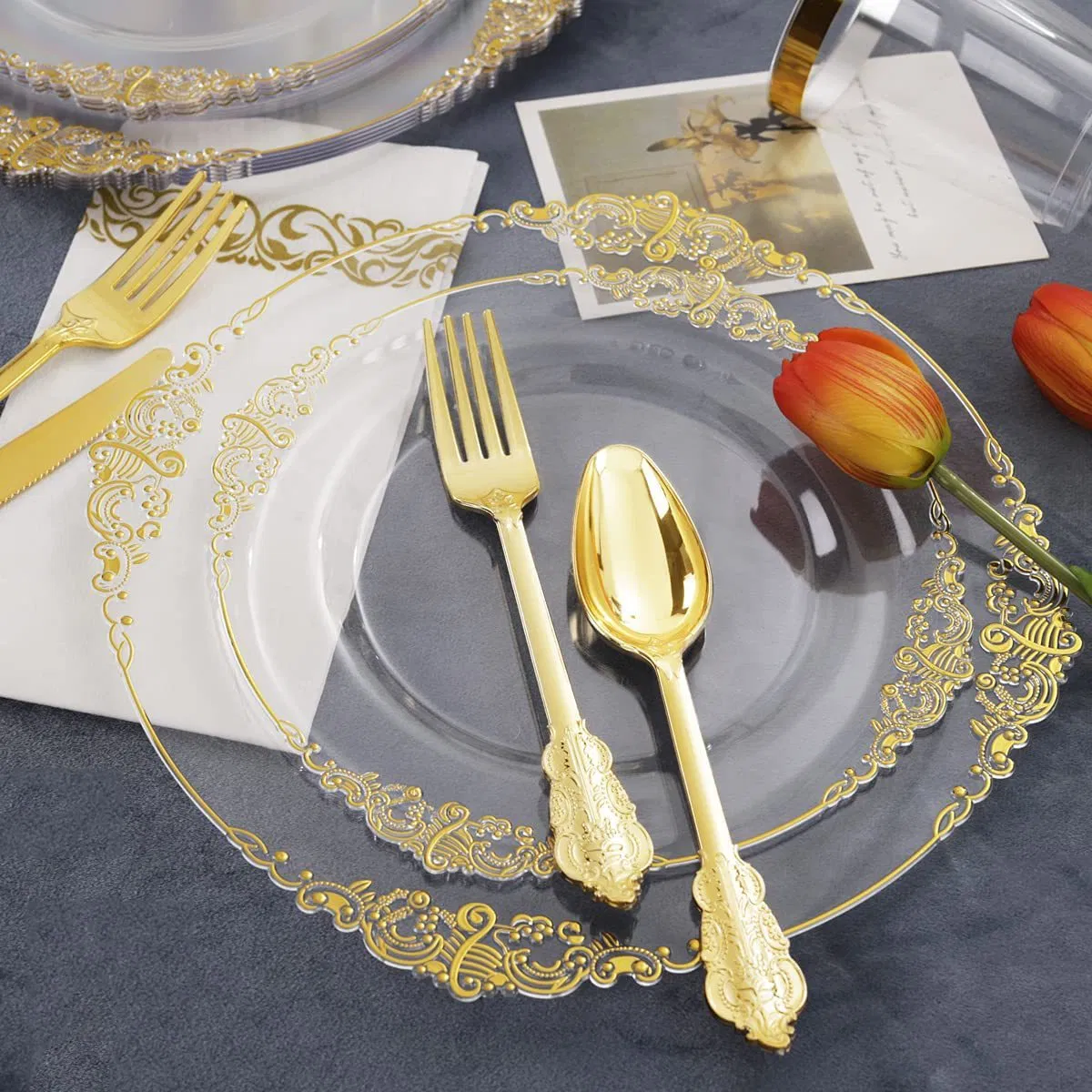 Factory Direct Acrylic Charger Plates Wholesale Clear Charger Plates with Gold Rim Plastic Clear Charger Plates with Gold Rim