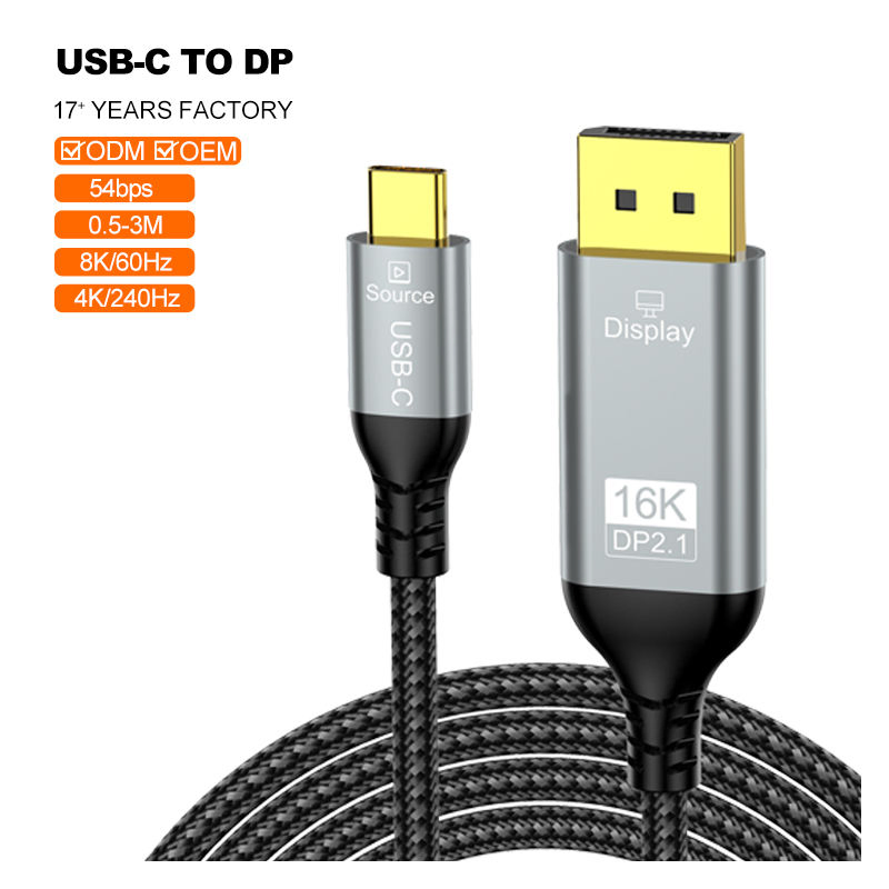 New 16K USB Type-C to Display-Port 2.1 A302 Adapter Converter Cable 54gbps Aluminum Foil Cotton Mesh USB Cable for Audio Video