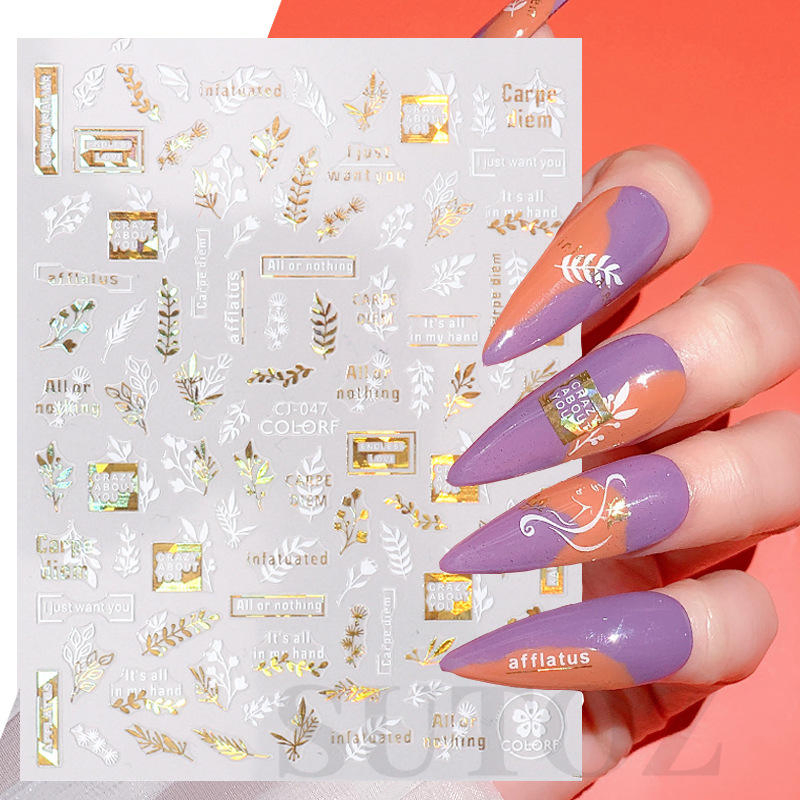 Leaves Sliders for Nails Gold White Bronzing Flowers Gradient Adhesive Sticker