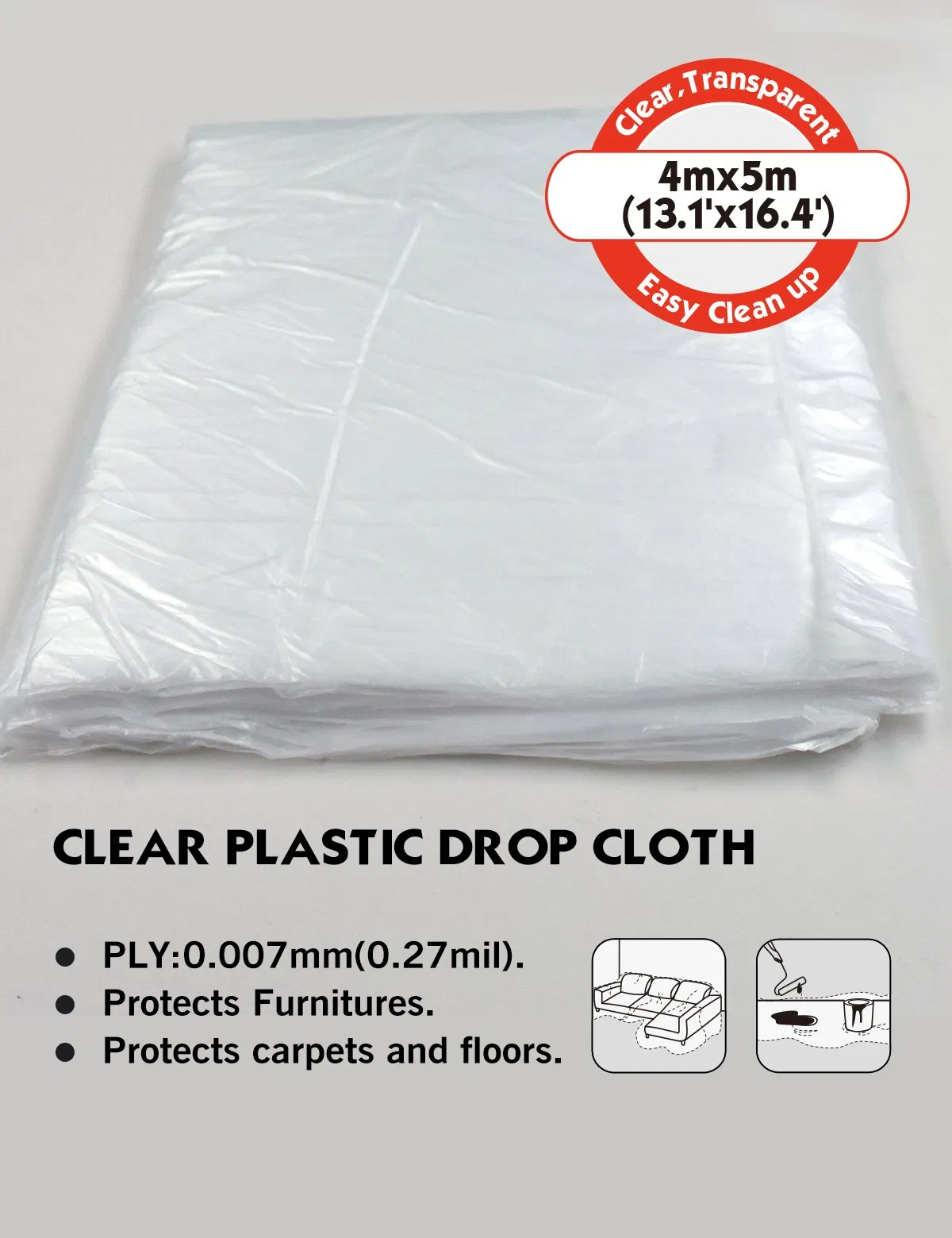 Rollingdog-PRO 81374 Clear Plastic Drop Cloth PE 4m*5m