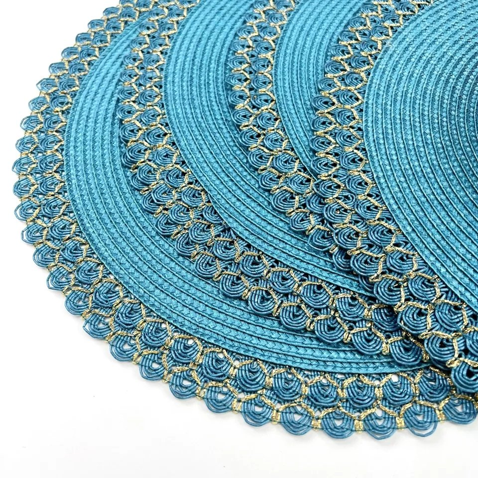 Promotion 15 Inch Teal Gold Braid Heat Resistant Polypropylene Woven Round Placemat