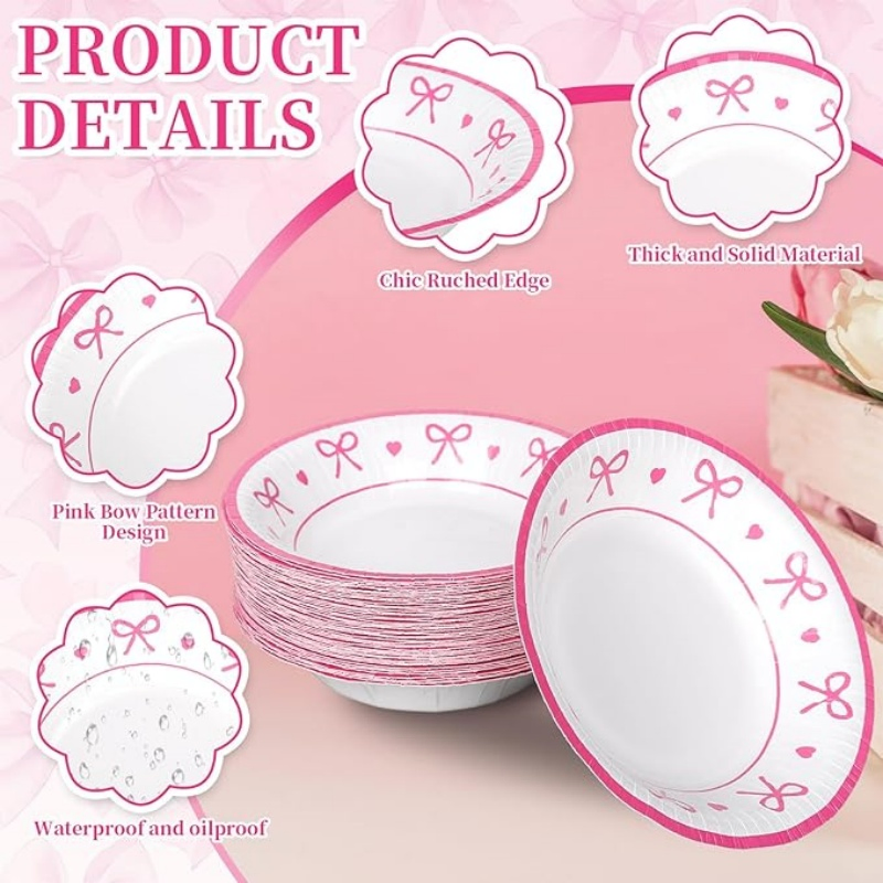 Brighthomey Pink Bow Heart Paper Bowls 16 Oz Coquette Bowknot Party Bowls