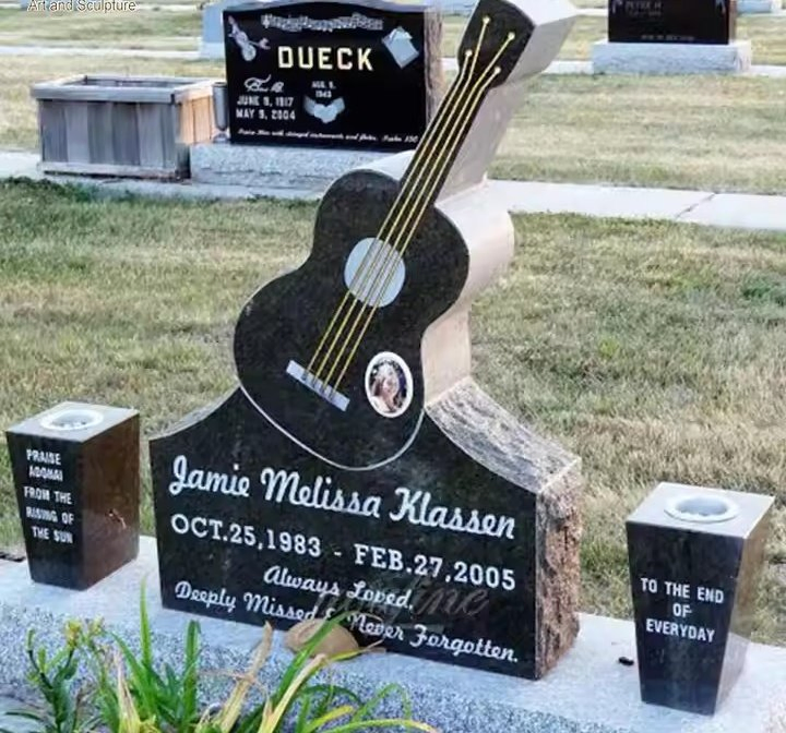 American Style Absolute Black Granite Guitar Headstone with Base for Cemetery Gravestones