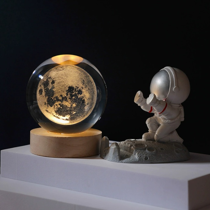6cm 8cm Wood Base LED Light 3D Carved Crystal Ball Night Light