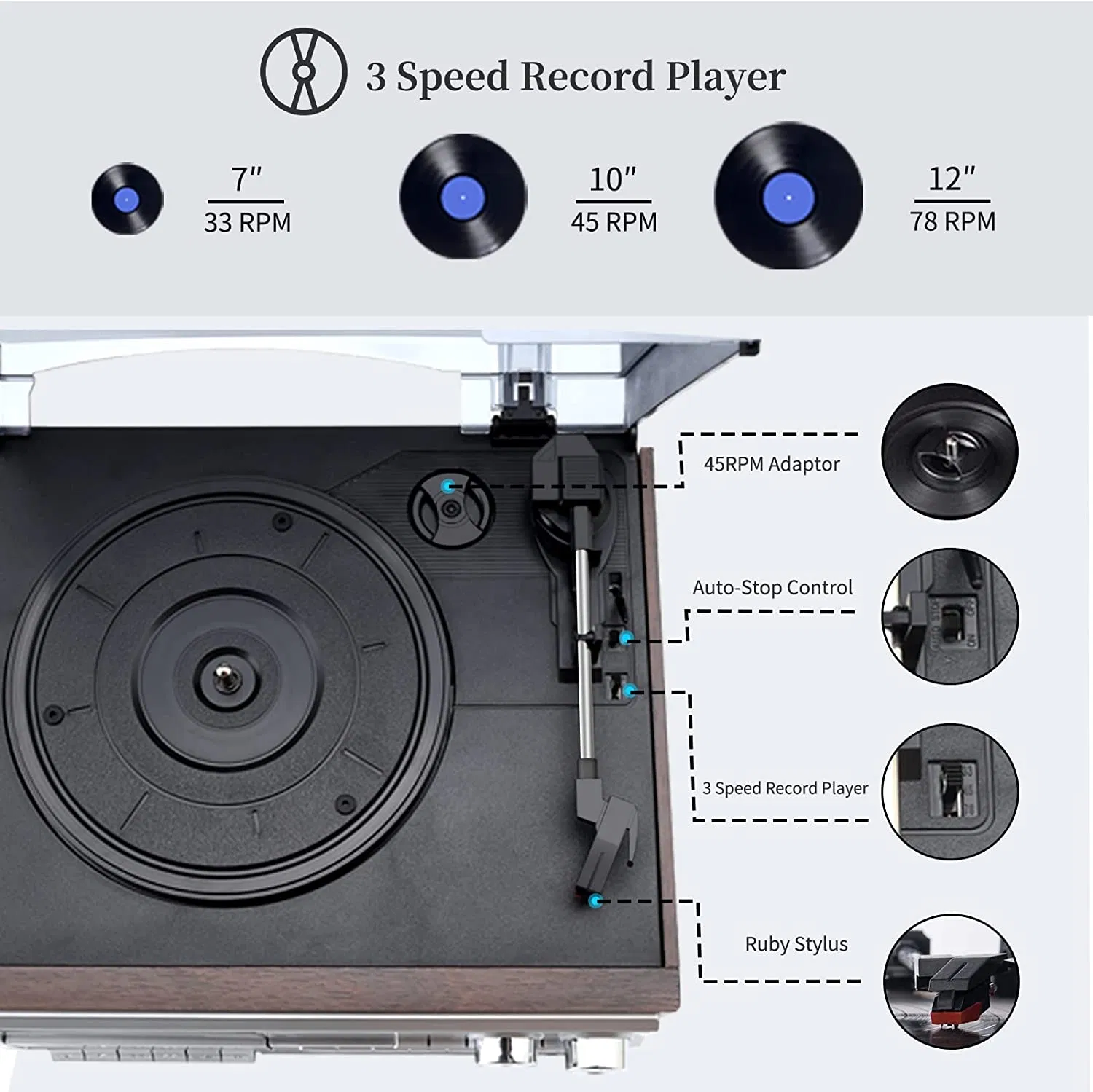 Multi Function Vinyl Record Player 3 Speeds Lp Vinyl Player Bluetooth Turntable Gramophone