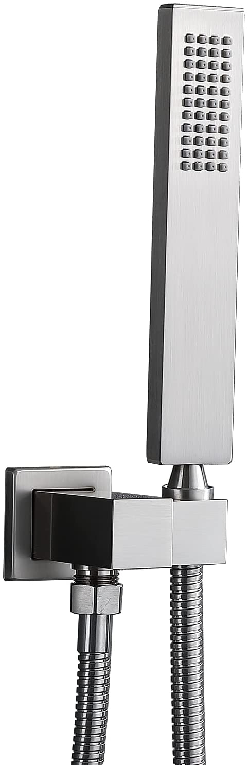 Solid Brass High Pressure Hand Held Shower Wand Square Head with Adjustable Supply Elbow Wall Connector Shower Holder and Hose Set, Brushed Nickel