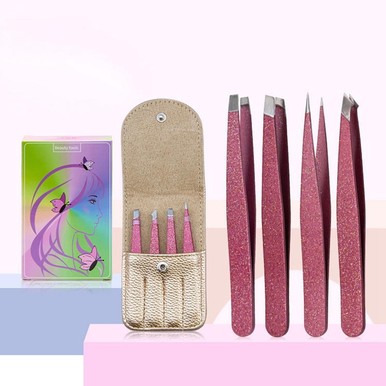 Colorful Eyelash Tweezers 4 Piece Set Custom Lady Design Stainless Steel Eyebrow Tweezers Set Private Label Eyebrow Tweezers